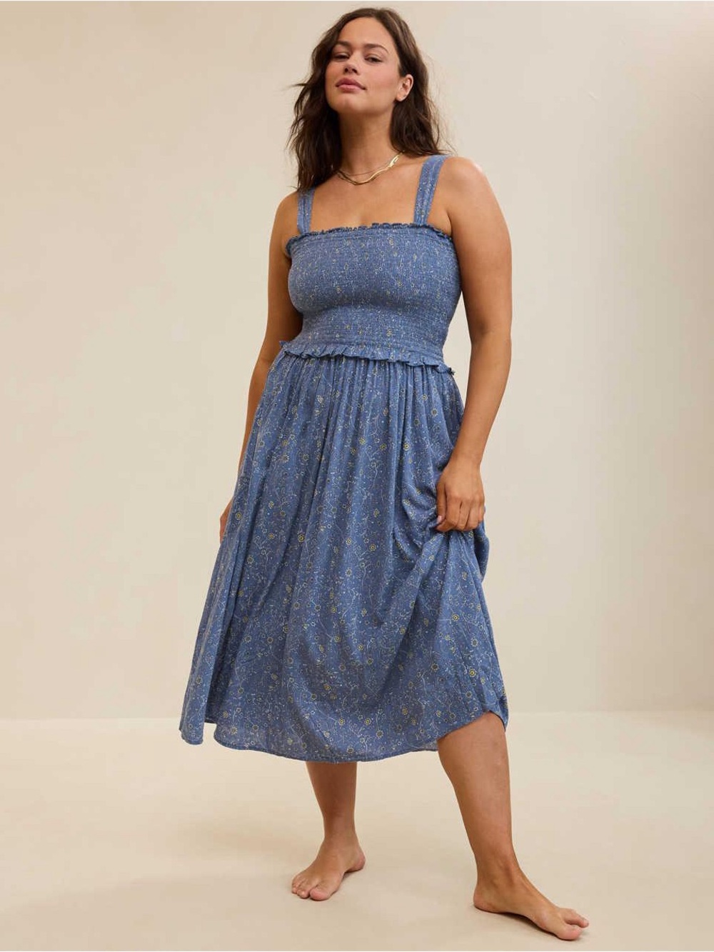 Aerie at the Barre Blue marble floral Print Smocked Midi Dress
